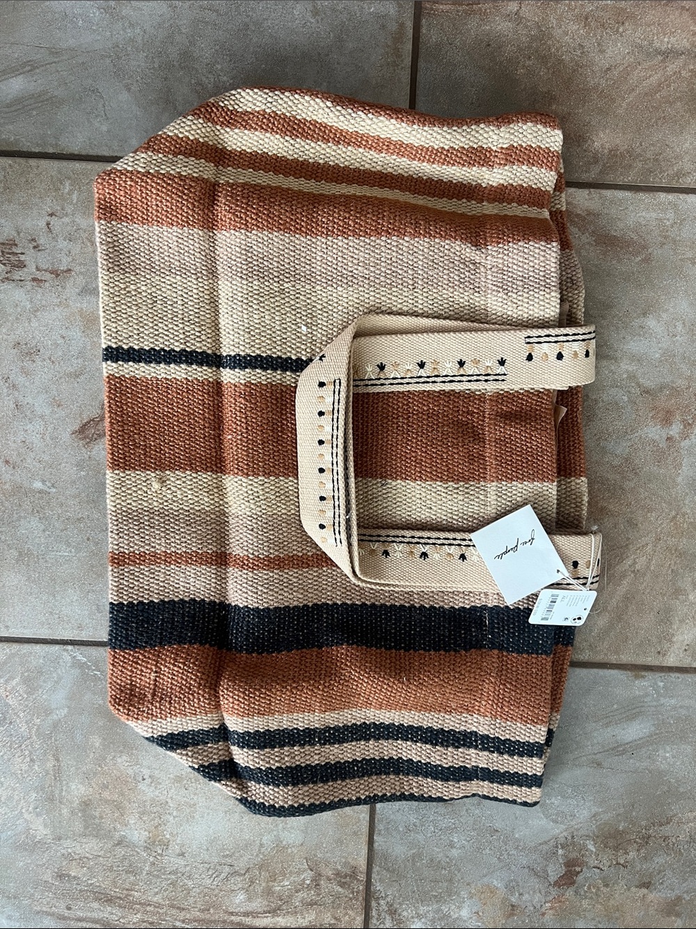 Free People Striped Woven Tote in Rust, Cream & Black
